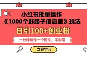小红书批量操作《1000个野路子信息差》玩法，一分钟制作一个图文，不封号，日引100+创业粉