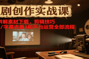 短剧创作实战课，系统讲解素材下载、剪辑技巧（画面/字幕去重）和平台运营全部流程