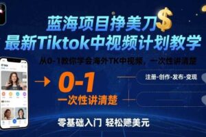 蓝海项目挣美刀，最新Tiktok中视频计划教学，从0-1教你学会海外TK中视频，一次性讲清楚