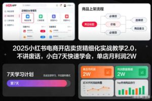 2025小红书电商开店卖货精细化实战教学2.0，不讲废话，小白7天快速学会，单店月利润2W