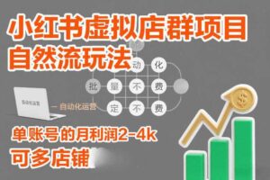 小红书虚拟店群项目，自然流玩法，批量自动化，稳定不费号，单账号的月利润2-4k，可多店矩阵
