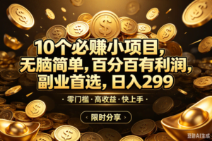 （18674期）10个必赚米的小项目，百分百赚米，无脑简单，副业首选，日入299+