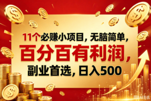 （18851期）11个必赚的小项目，百分百赚元子，无脑简单，副业首选，日入500+