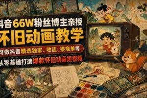 抖音66W粉丝博主亲授怀旧动画教学，可做抖音精选独家、收徒、接商单等，从零基础打造爆款怀旧动画短视频