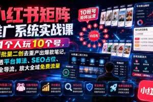 小红书矩阵推广系统实战课｜1个人玩10个号，AI批量二创去重产出爆款笔记，吃透平台算法、SEO占位、安全导流，放大全域免费流量