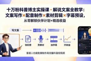 （19275期）10万粉科普博主实操课-解说文案全教学：文案写作×配音制作×素材剪辑×字幕预设，从零解锁伙伴计划+精选收益