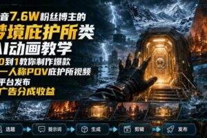 抖音7.6W粉丝博主的梦境庇护所类AI动画教学,从0到1教你制作爆款第一人称POV庇护所视频,全平台发布撸广告分成收益
