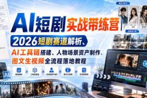 AI短剧实战带练营｜2026短剧赛道解析、AI工具链搭建、人物场景资产制作、图文生视频全流程落地教程