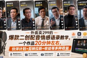 外面卖299的爆款二创配音情感语录教学，一个作品20分钟左右，伙伴计划+剪映拉新+收徒等多种收益