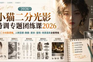 小猫二分光影特训专题团练课2026｜吃透二分光影逻辑，人物面部‑胸像‑素体‑服饰‑场景道具全套带练，高清画质附赠课件与笔刷