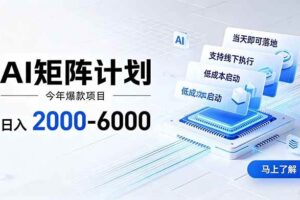 （19690期）AI矩阵计划！日收益2000-6000+，项目绿色长久，安全稳健，合规靠谱，可批量放大。