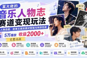 （20121期）某大佬的音乐人物志赛道变现玩法：从人物选题、故事文案到素材剪辑与特效包装，5万播放收益2000+完整流程
