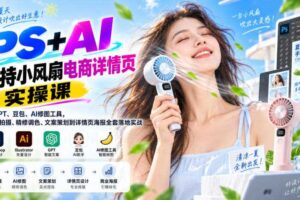 PS+AI手持小风扇电商详情页实操课｜结合GPT、豆包、AI修图工具，从产品拍摄、精修调色、文案策划到详情页海报全套落地实战