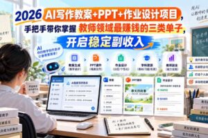 2026 AI写作教案+PPT+作业设计项目，手把手带你掌握教师领域最賺钱的三类单子，开启稳定副收入