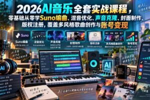 2026AI音乐实战课程，零基础从零学Suno编曲、混音优化、声音克隆、版权注册，覆盖多风格歌曲创作与账号变现