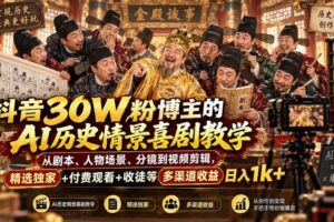 抖音30W粉博主的AI历史情景喜剧教学，从剧本、人物场景、分镜到视频剪辑，精选独家+付费观看+收徒等多渠道收益日入1k+