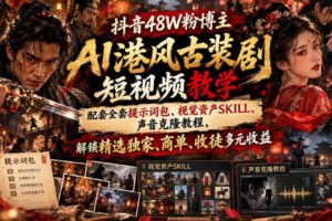 抖音48W粉博主AI港风古装剧短视频教学，配套全套提示词包、视觉资产SKILL、声音克隆教程，解锁精选独家、商单、收徒多元收益