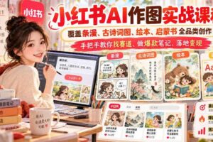 小红书AI作图实战课程，覆盖条漫、古诗词图、绘本、启蒙书全品类创作，手把手教你找赛道、做爆款笔记、落地变现