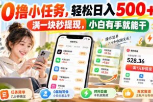 0撸小任务，轻松日入500+，满一块秒提现，小白有手就能干，动动手指就能賺