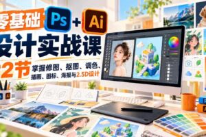 【无水印】零基础PS+AI设计实战课｜22节掌握修图、抠图、调色、插画、图标、海报与2.5D设计