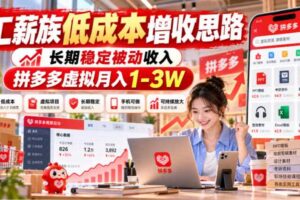 工薪族低成本增收思路，长期稳定被动收入，拼多多虚拟月入1-3W