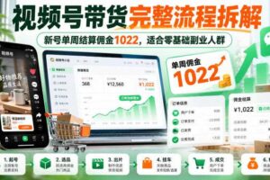 视频号带货完整流程拆解，新号单周结算佣金1022，适合零基础副业人群