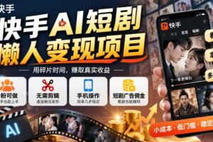 快手AI短剧懒人变现项目，0粉可做，无需剪辑直接搬运，手机简单操作靠短剧广告佣金增收