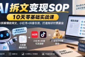 AI拆文变现SOP｜10天零基础实战课，AI拆解爆款网文，小红书+抖音引流，打造知识付费副业