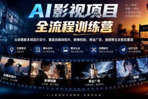 AI影视项目全流程训练营，从创意脚本到成片交付，覆盖自媒体短片、剧情短剧、商业广告、漫剧等主流变现赛道