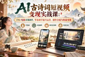 AI古诗词短视频变现实战课：手机+电脑双端制作，零基础学起号运营、创作分成与收徒变现