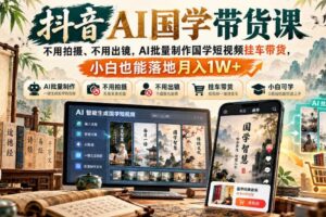 抖音AI国学带货课，不用拍摄、不用出镜，AI批量制作国学短视频挂车带货，小白也能落地月入1W+