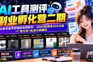 （20799期）AI工具测评副业孵化营二期：从账号起号到爆款视频制作，3000粉商单600元起+广告分成+私域分销赚钱