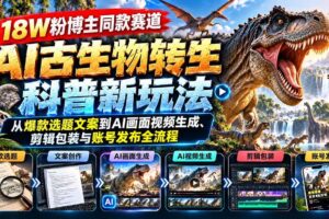 （20833期）18W粉博主同款赛道-AI古生物转生科普新玩法：从爆款选题文案到AI画面视频生成、剪辑包装与账号发布全流程