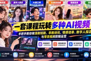 （21271期）【无水印】一套课程玩转多种AI视频！手把手教你做漫剧短剧、早教诗词、情感语录、数字人探店与带货视频剪辑运营